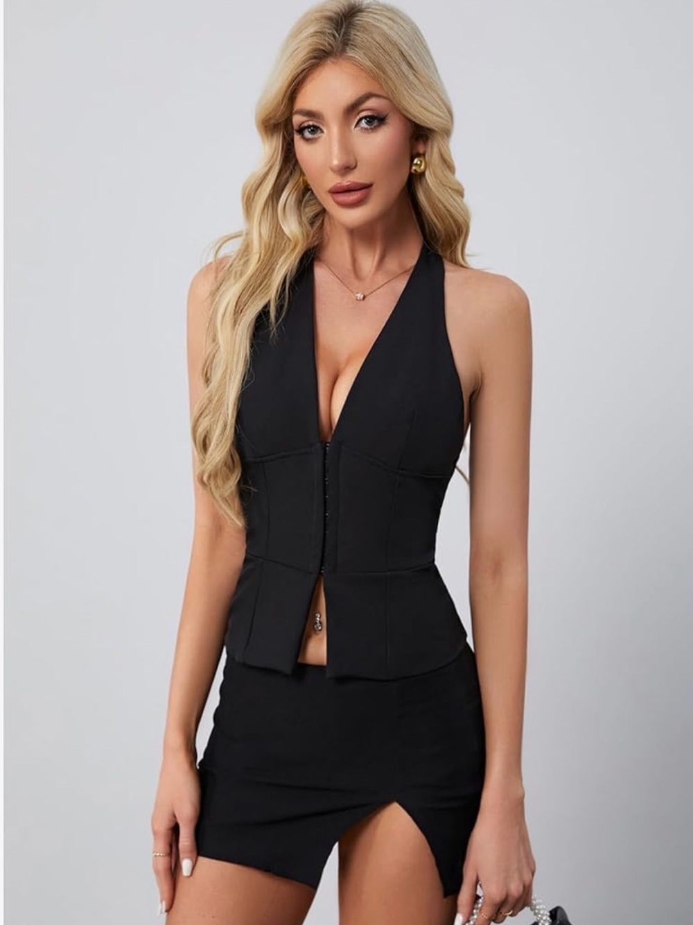 Women's Deep V Neck Halter Tops Sleeveless Split Hem Fitted Going Out Crop Sz Sm